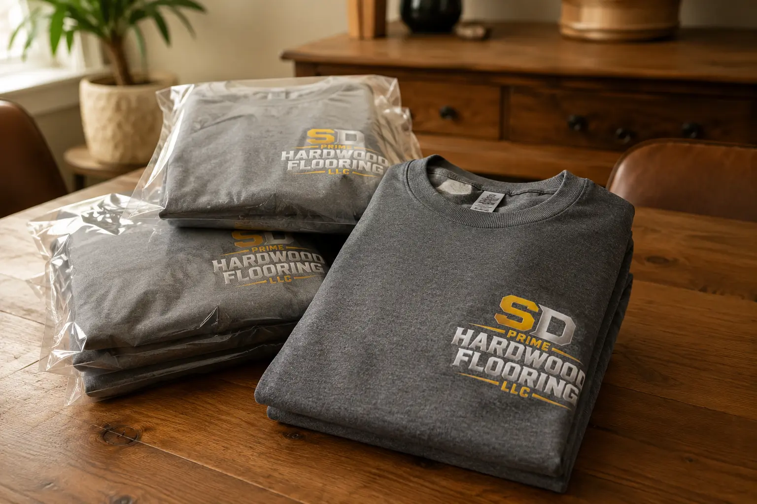 Folded custom t-shirts with embroidered logo for a Lumix Imprint client