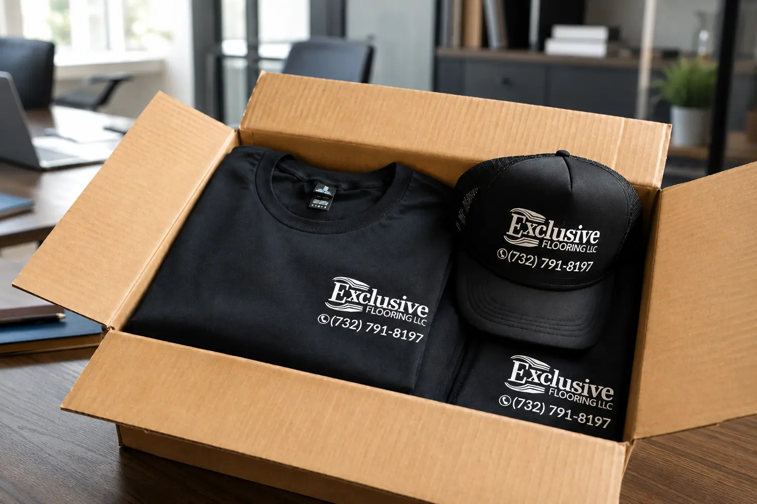 Custom t-shirt and cap set delivered in a box to a Lumix Imprint client