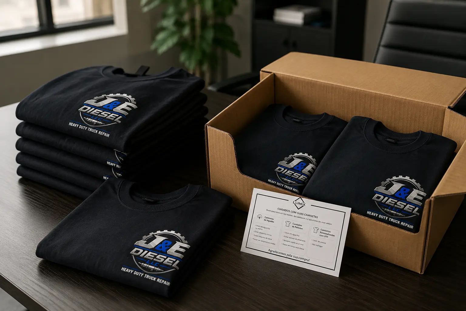Custom t-shirts packaged with a Lumix Imprint care card